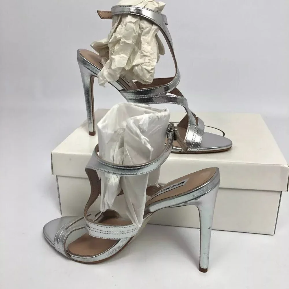 Steve Madden Womens Sidney Dress Sandals Silver Leather 8.5M